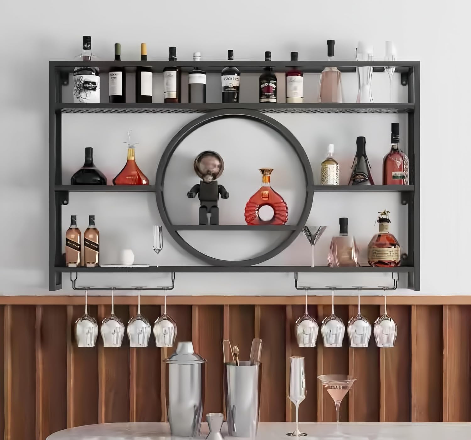 Home Bar Shelves - Black Metal Wall Mounted Wine Storage