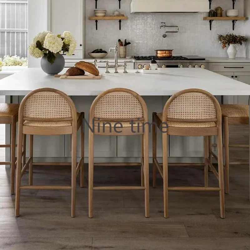 Home Bar And Counter - Solid Wood Rattan Kitchen Bar Chair
